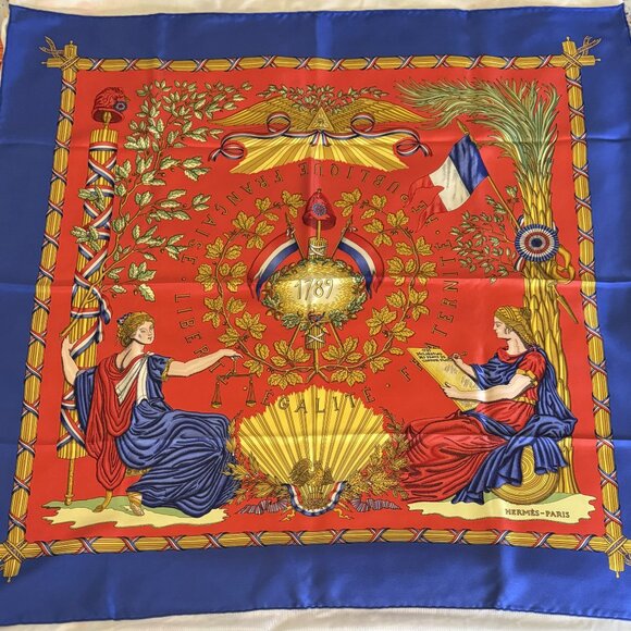 HERMES Vintage Republique Francaise Red Blue 90 cm Silk Square Scarf Box Good - Picture 2 of 16